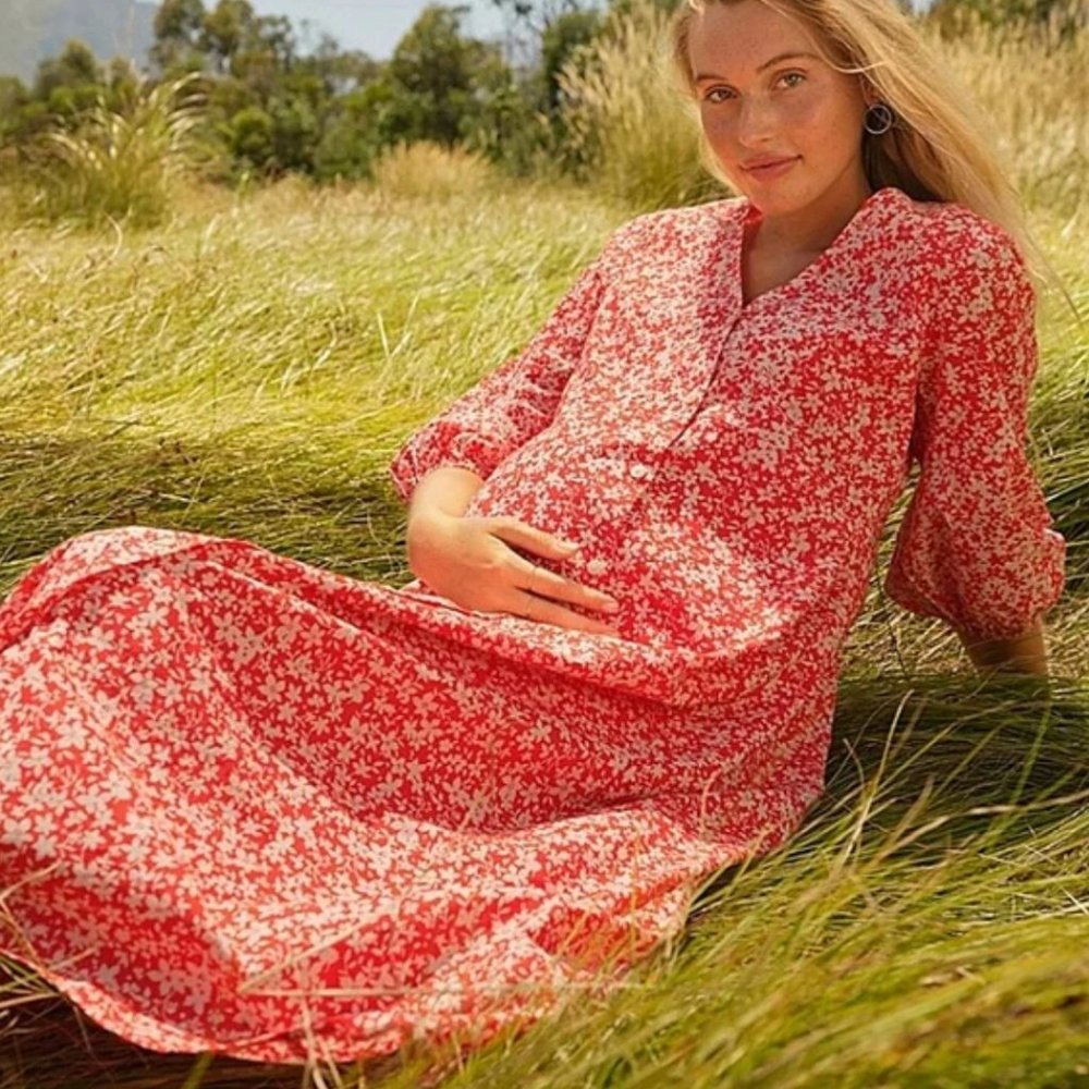The Nines by HATCH Red and White Floral Maxi Dress